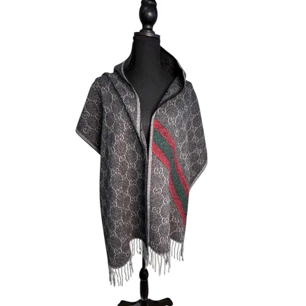 Gucci NWT Nikky Wool GG Monogram Web Stripe Scarf in Grey